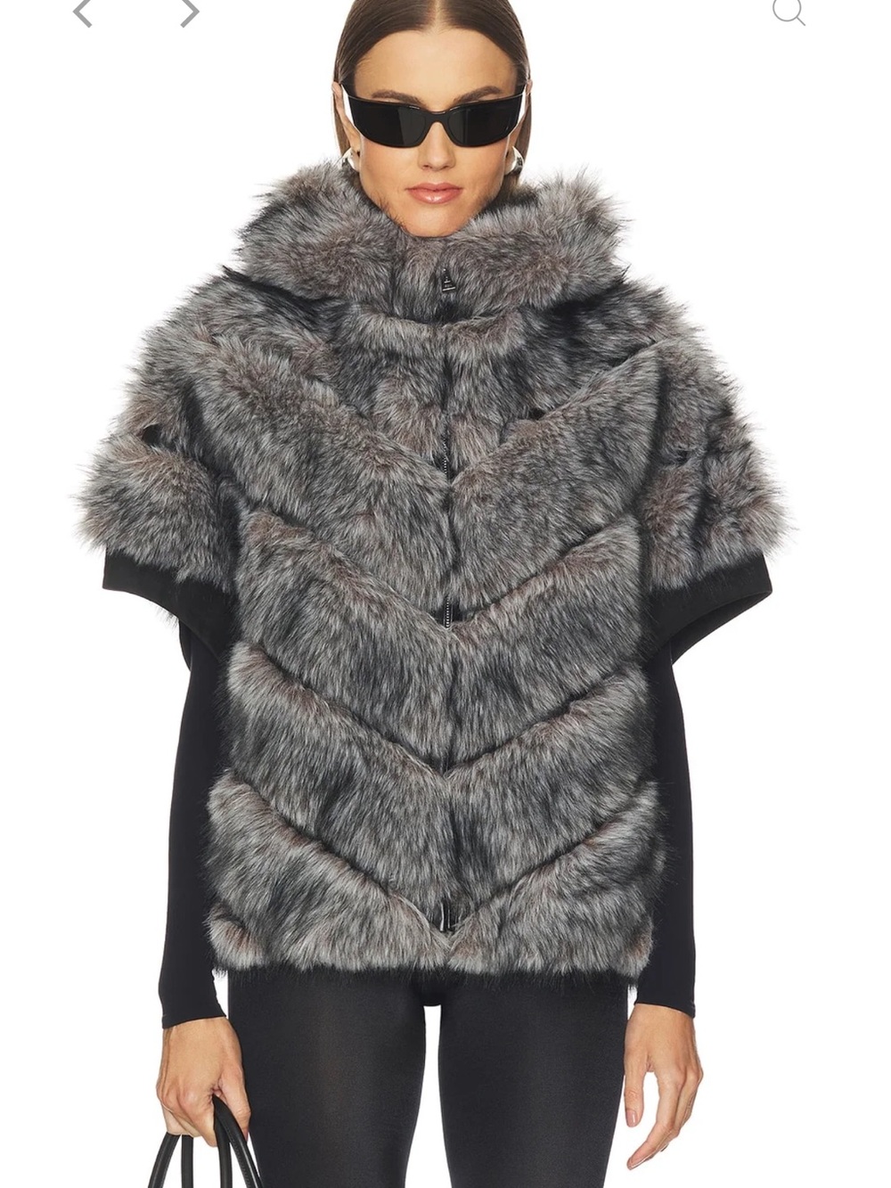 Jocelyn Faux Fox Fur Hooded Chevron
Short Sleeve Jacket